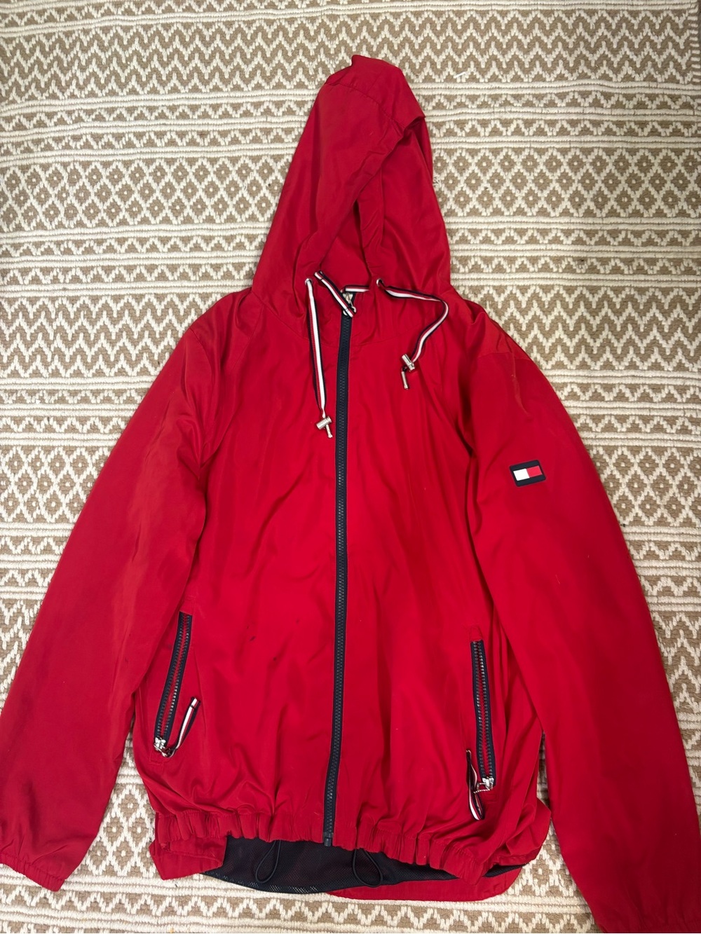 Vintage Tommy Hilfiger Red Hooded Windbreaker Jacket Y2K Zip Up Coat Unisex